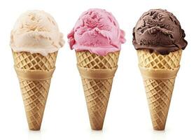 AI generated Chocolate, vanilla and strawberry Ice cream in the cone on white background. AI Generated photo