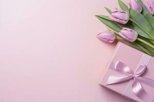 AI generated Mother's Day concept. Pink gift box with ribbon bow and a bouquet of tulips.  AI Generated photo