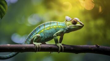 AI generated Chameleon reptile perches on a branch. AI Generated photo