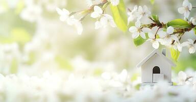 AI generated Toy house and cherry flowers, spring abstract natural background. Generative AI photo