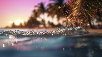 AI generated Beach with waves and coconut trees at sunset. Generative AI photo