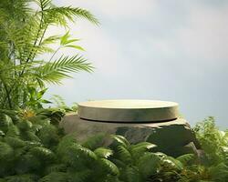 AI generated Stone product display podium for cosmetic product with green nature garden background. Generative AI photo