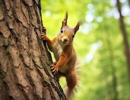 AI generated Beautiful squirrel on a tree in a forest park in the summer. Generative AI photo