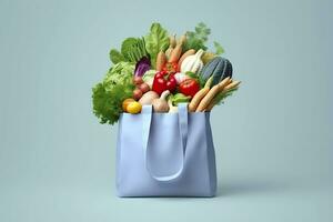 ai generado tienda de comestibles lleno bolsa. blanco compras bolso con vegetales en ligero azul antecedentes. generativo ai foto