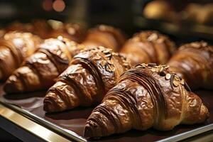 AI generated Chocolate croissants in bakery. AI Generated. photo