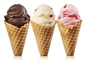 AI generated Chocolate, vanilla and strawberry Ice cream in the cone on white background. AI Generated photo