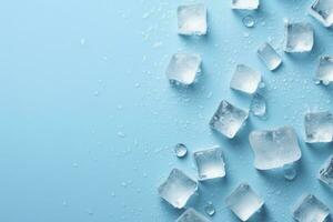 AI generated Cubes of ice and drops are isolated on the blue background with empty space. AI Generated photo