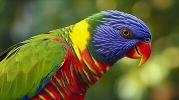 AI generated Side view Closeup of beautiful and colorful Lorikeet Green naped bird. Generative AI photo