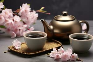 AI generated Traditional ceremony. Cups of brewed tea, teapot and sakura flowers on grey table. Generative AI photo