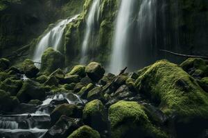 AI generated Waterfall landscape with rocks covered in green moss. AI Generated photo