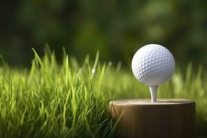 ai generado blanco golf pelota en de madera tee con césped. generativo ai foto