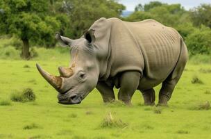 AI generated White Rhino grazing. AI Generated photo