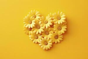 AI generated Yellow Heart Shaped By Yellow Daisies Over Yellow Background. AI Generated photo