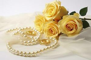 AI generated Yellow roses bouquet and pearls,in white background. AI Generated photo