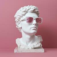 AI generated The head of a white mythological statue with fashionable pink glasses on his eyes, frame in profile. AI Generative photo