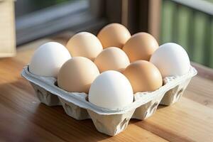 AI generated Close up of open carton of fresh store bought white eggs. AI Generated photo