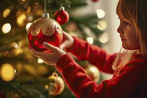 ai generado niño decorando Navidad árbol de cerca. ai generado foto