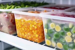 AI generated Frozen food in the freezer. Frozen vegetables. AI Generated photo