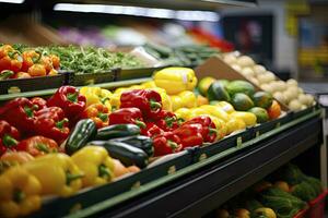 AI generated Fruits and vegetables on shop stand in supermarket grocery store. AI Generated photo