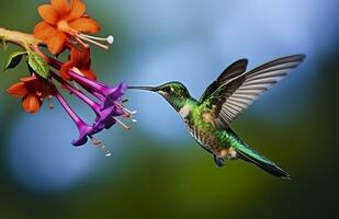 ai generado colibrí pájaro volador siguiente a un hermosa rojo flor con lluvia. ai generado foto