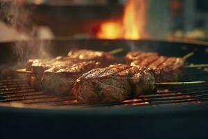 AI generated Meat grilling on a charcoal grill with smoke rising. AI Generated photo