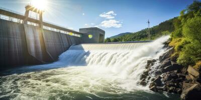 ai generado hidroeléctrico represa generando verde energía desde fluido agua. ai generado. foto