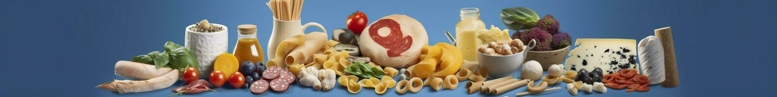 AI generated Web page banner of famous Italian food recipes on clean blue background. AI Generated photo