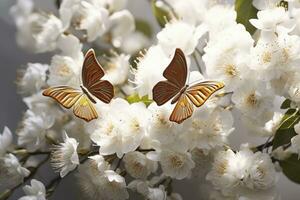 AI generated Goden butterflies with white flowers. AI Generated photo