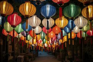 AI generated Colorful festival lanterns during the Chinese traditional holiday season. AI Generated photo