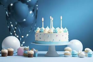 AI generated Birthday cake with candles and sweets on white table near blue wall. Generative AI photo