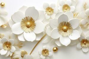 AI generated 3d gold flowers white backgroung. AI Generated photo