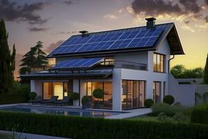 AI generated Modern house with blue solar panels on the roof. End of the day, sunset. AI Generated photo