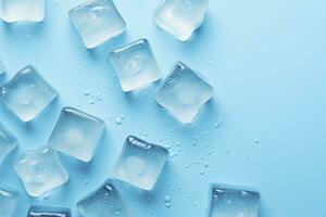 AI generated Cubes of ice and drops are isolated on the blue background with empty space. AI Generated photo