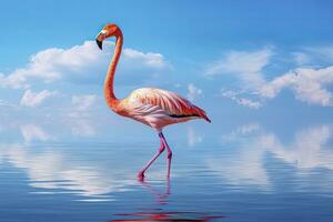 AI generated Pink Flamingo in the water. AI Generated photo