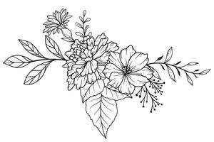 Wildflowers Line Drawing. Black and white Floral Bouquets. Flower Coloring Page. Floral Line Art. Fine Line Wildflowers illustration. Hand Drawn flowers. Botanical Coloring. Wedding invitation flowers vector