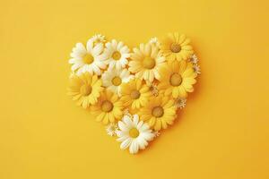 AI generated Yellow Heart Shaped By Yellow Daisies Over Yellow Background. AI Generated photo