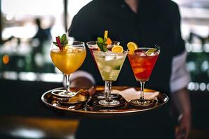 AI generated Glasses alcohol cocktail set on a waiter tray in bar. AI Generated photo