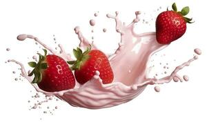 AI generated milk or yogurt splash with strawberries isolated on white background, 3d rendering. AI Generated photo