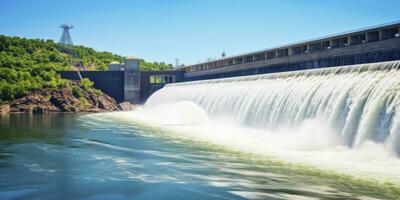 ai generado hidroeléctrico represa generando verde energía desde fluido agua. ai generado. foto