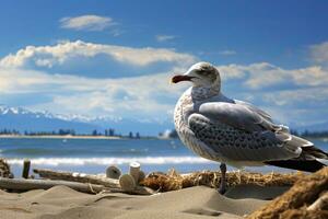 AI generated Seagull on the beach under blue sky. photo