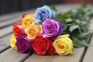 AI generated Bunch of multi colored roses on wooden planks, happy birthday lying on planks. AI Generated photo