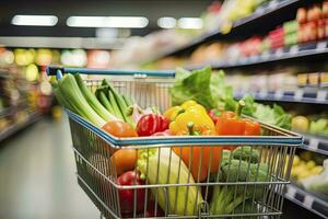 AI generated Close up of full shopping cart in grocery store. AI Generated photo