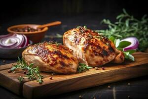 AI generated Closeup of tasty roast chicken breast served on wooden board. Grilled chicken. Generative AI photo