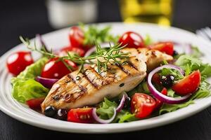 AI generated Grilled chicken breast with tomatoes, red pepper, organic green and kalamata olives. AI Generated photo