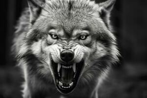 AI generated Greyscale closeup shot of an angry wolf with a blurred background. AI Generated photo