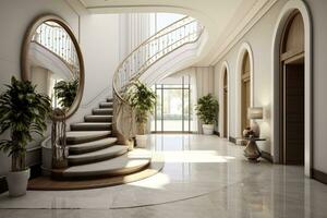 ai generado el interior diseño de el moderno Entrada salón con un escalera en el villa. ai generado foto
