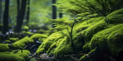 AI generated Green moss closeup, with a backdrop of woodland.  Forest in the national park. AI Generated photo