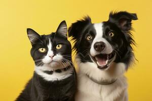 ai generado gato y perro juntos con contento expresiones en amarillo antecedentes. ai generado foto