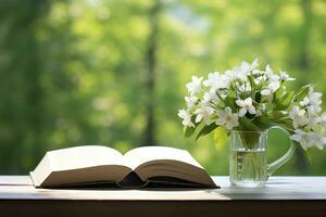 AI generated Jasmine flowers in a vase and open book on the table, green natural background. AI Generated photo