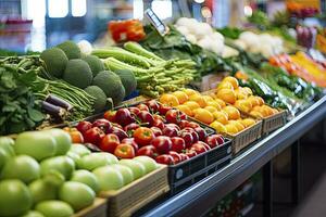 ai generado frutas y vegetales a ciudad mercado. ai generado foto